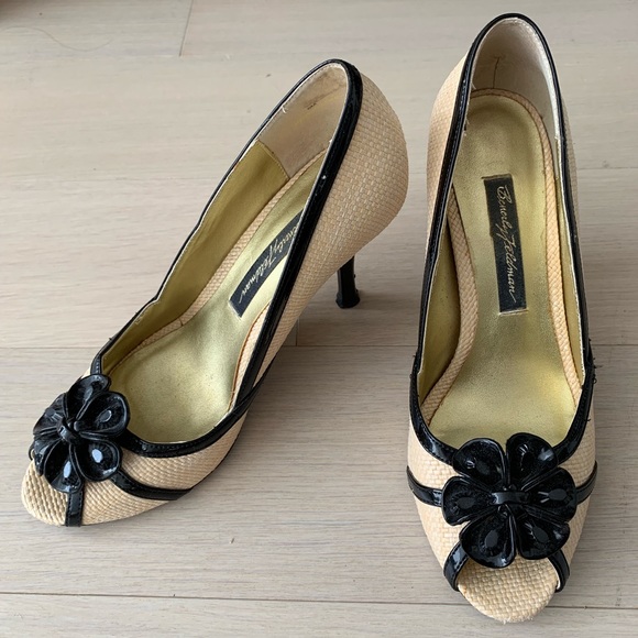Beverly Feldman Summer Of Love Heels Black Jewel Flower Tan Peep Open Toe - Picture 8 of 8